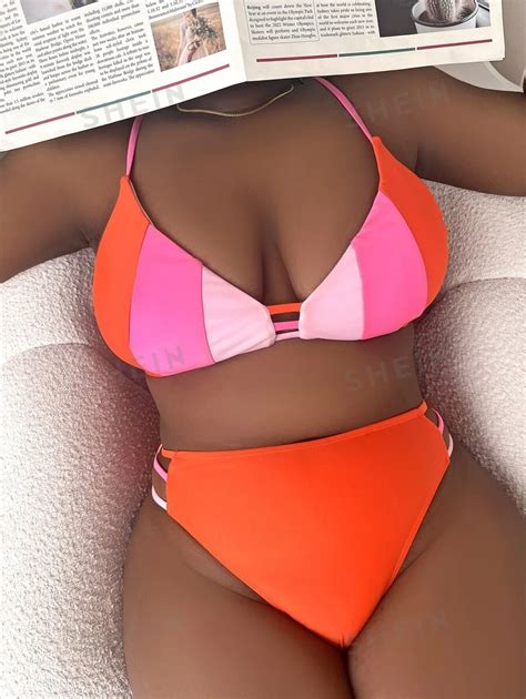 SHEIN Swim Curve Plus Color Block Bikini Set Cami Bra Cut Out High