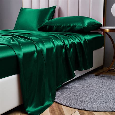 ANMINY Silky Satin King Bed Sheet Set, Deep Pocket, Dark Green, 4 ...