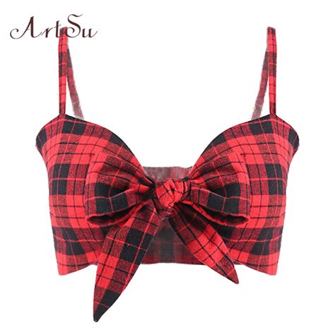 Artsu Vintage Bow Plaid Red Tank Top Sexy Bohemian Beach Short Top