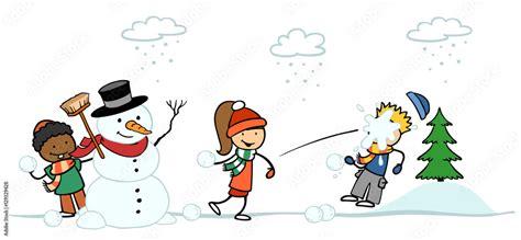 Kinder Machen Schneeballschlacht Im Winter Stock Illustration Adobe Stock