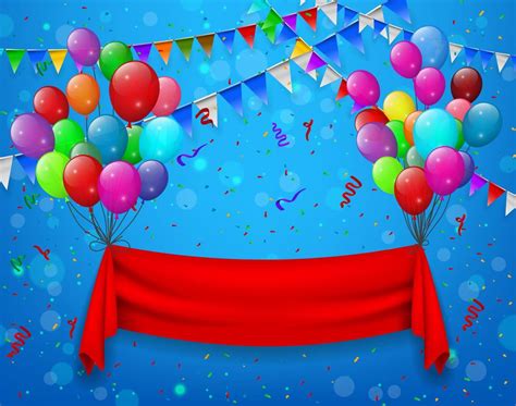 Red Ribbon Flying with Balloons in Party Blue Background, Vector ...