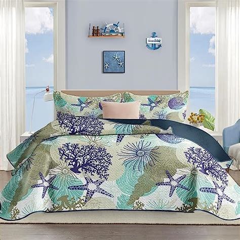 Tritard 3 Piece Coastal Quilt Sets Fullqueen Size Reversible