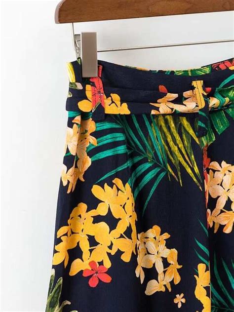 Tropical Print Tie Waist Wide Leg Pants Shein Usa