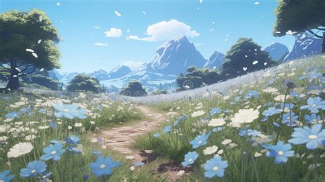 Wonderful Blooming Scenery In The Alps In Anime Style Shining Flowers