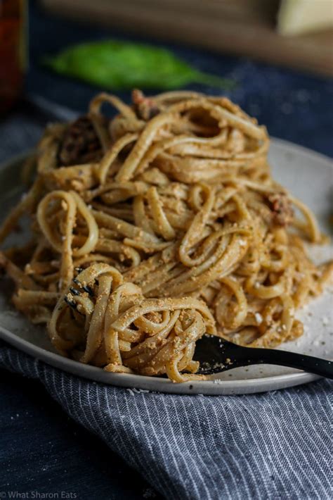 Creamy Pesto Linguine with Sun-Dried Tomatoes - What Sharon Eats