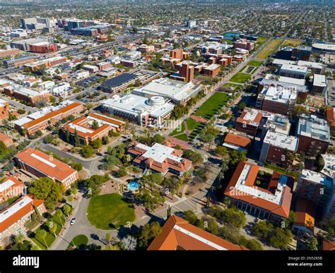 University of Arizona main campus aerial view including University Mall and Old Main Building in ...