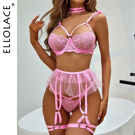 CCDS Ellolace Pink Lingerie Sexy Transparent Bra 4 Pieces Ruffles