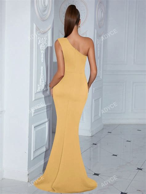 Adyce Solid Color One Shoulder High Slit Ruched Waisted Bodycon Formal