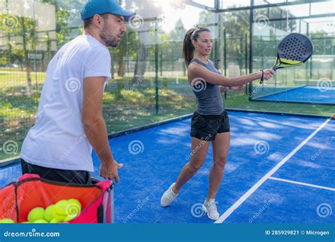 Padel Personal Training Coach With Young Woman Stock Image Image Of