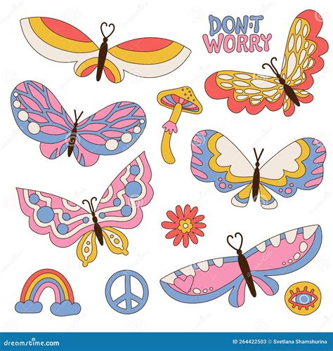 Butterfly Retro Groovy Set Isolated On White With Flowers Rainbow Mushroom 70s 60s Hippie