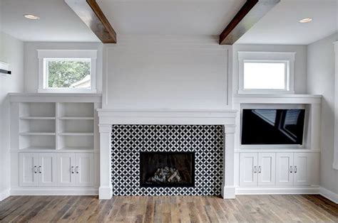 Built-in white entertainment center with tile fireplace | Fireplace ...