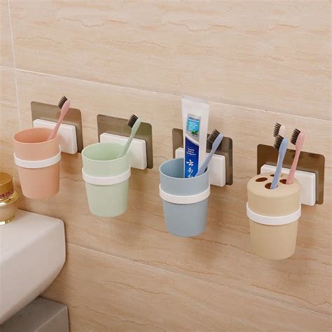 Set Self Adhesive Mouthwash Cup Wall Mounted Toothbrush Holder