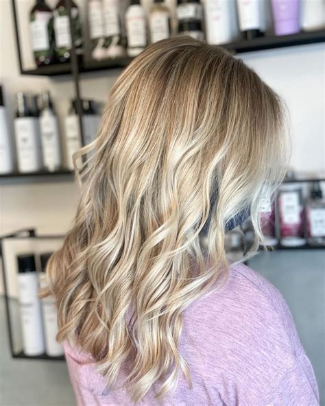 Lived In Blonde Full Balayage Bright Blonde With Root Shadow Smudge And Vanilla Gloss Toner