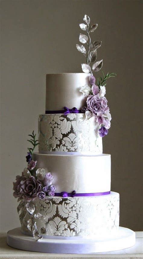 Purple And Silver Wedding Cake With Luxurious Metallic Details