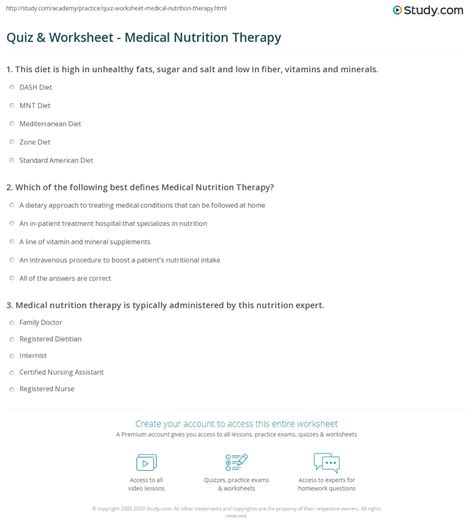 Quiz Worksheet Medical Nutrition Therapy Study