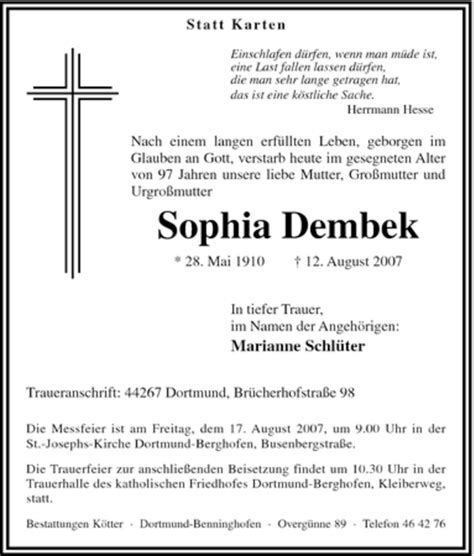 Traueranzeigen Von Sophia Dembek Trauer In Nrw De