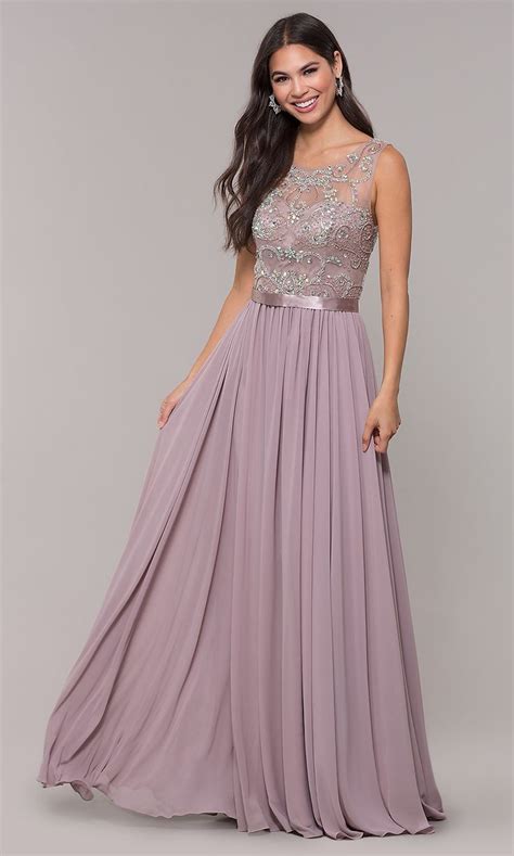 Chiffon Mocha Purple Prom Dress With Beaded Bodice In Mauve Prom