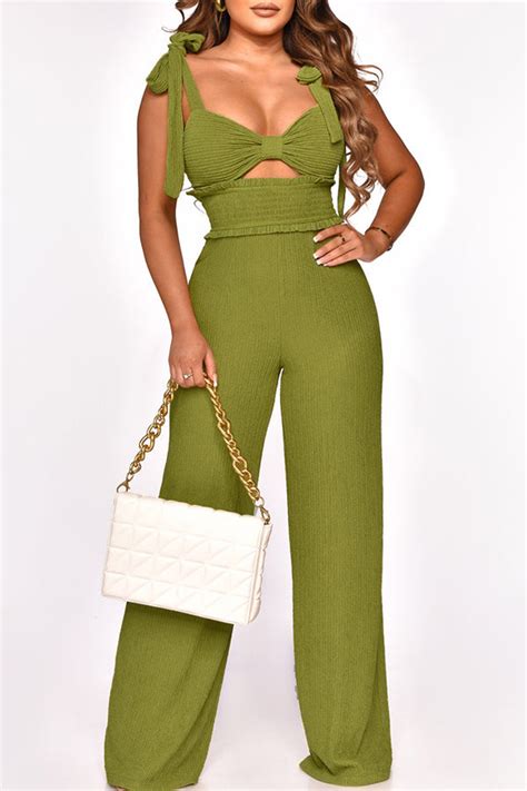 Green Sexy Casual Solid Bandage Hollowed Out Backless Spaghetti Strap Regular Jumpsuits