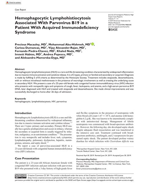 PDF Hemophagocytic Lymphohistiocytosis Associated With Parvovirus B19