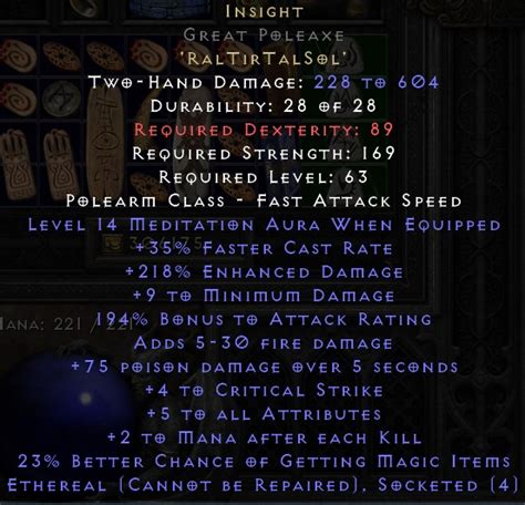 D2R Diablo 2 Resurrected ETH GPA Great PoleAxe Insight 4 OS Weapon