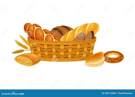 Cesta De Mimbre Llena De Pan Y Dulce Pastelería Vector Composición