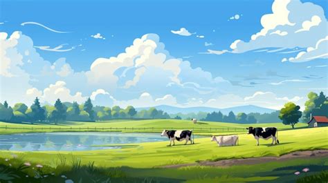 Premium Vector | A painting of cows in a field with a sky background