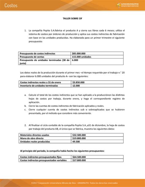 Unidad Actividad Taller Sobre Cif Costos Curso Taller Sobre Cif