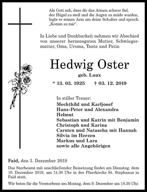 Traueranzeigen Von Hedwig Oster Rz Trauer De