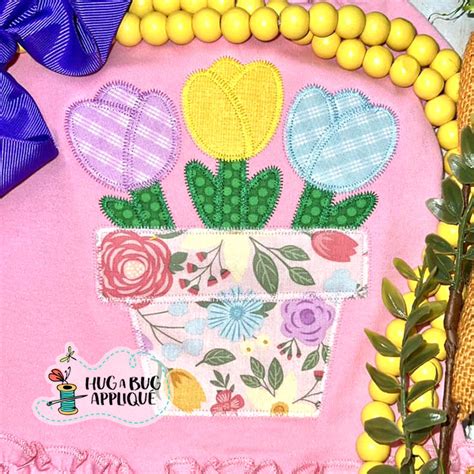 Tulips Pot Zig Zag Stitch Applique Design | Hug A Bug Applique