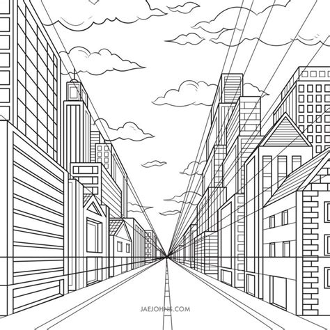 One Point Perspective City Step 4 One Point Perspective Perspective Building Drawing