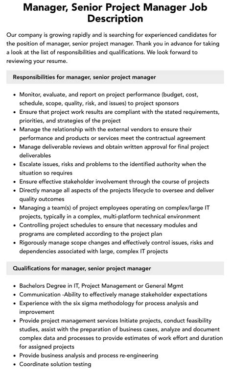 Manager Senior Project Manager Job Description Velvet Jobs