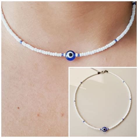 Colar Branco Olho Grego Azul Detalhes Azul Metalico Choker