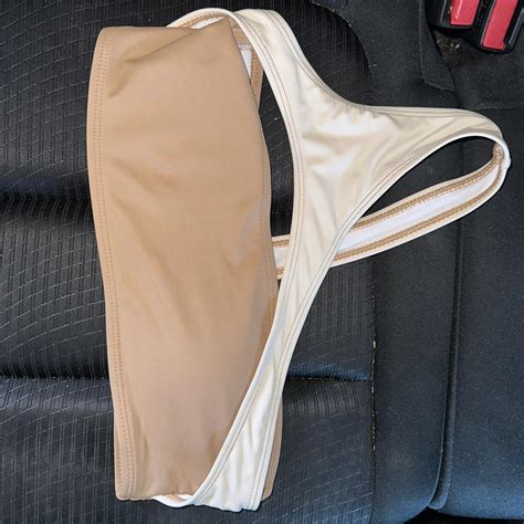 Beige Brown Asymmetrical Bikini Top Depop