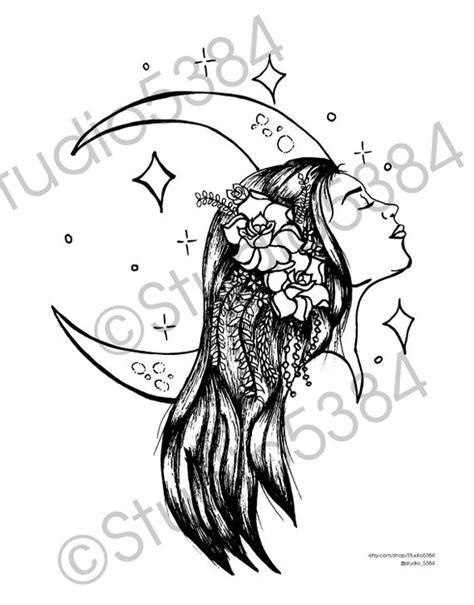 Moon Goddess Coloring Page Etsy