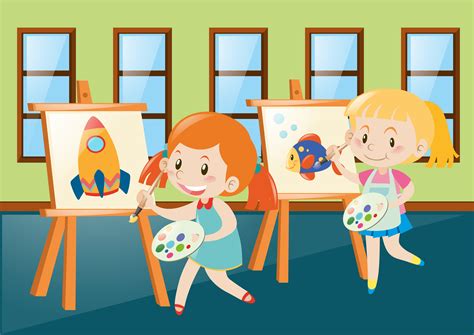 Two girls painting on canvas in classroom 369755 Vector Art at Vecteezy