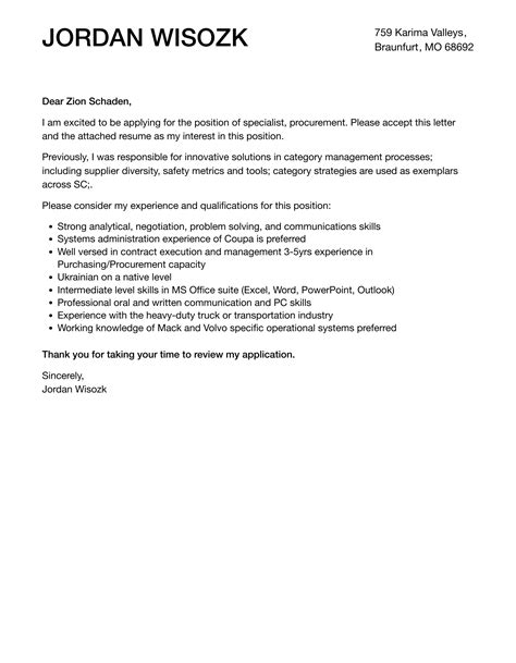 Specialist Procurement Cover Letter Velvet Jobs