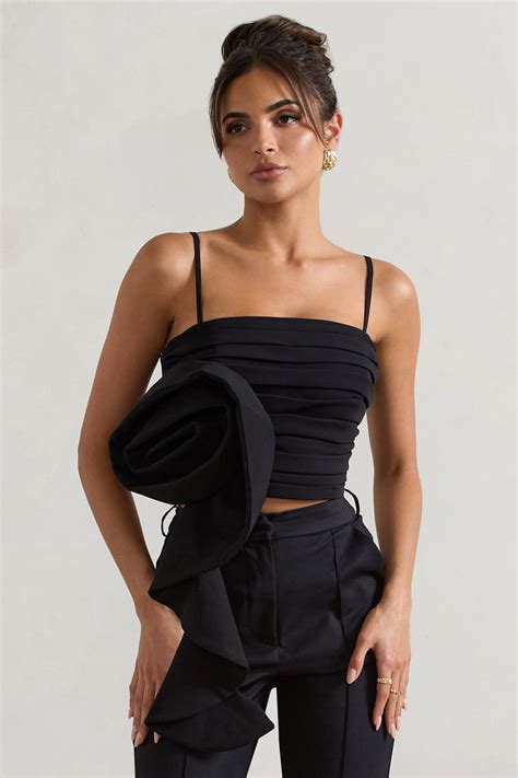 Whirlwind Black Strappy Top With Oversized Ruffle Detail Club L