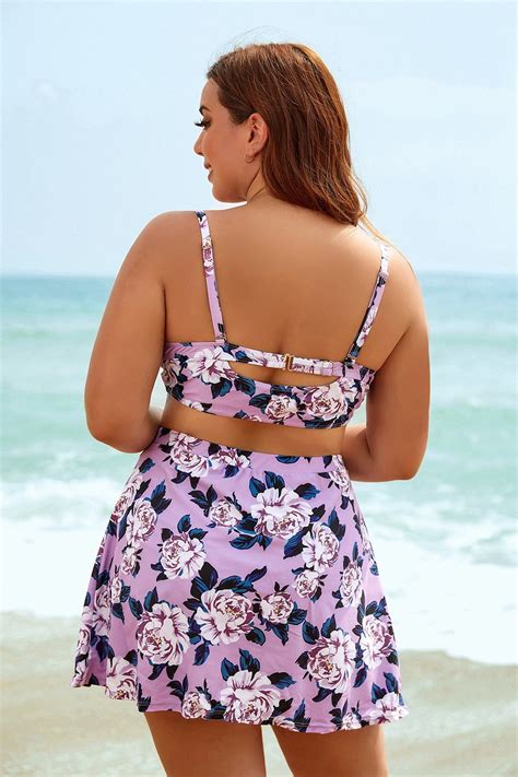 Plus Size Purple Floral Sweetheart Straps High Waist Skirt Bikini Set WalkOnBeach