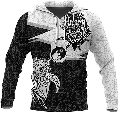 Mens Yin Yang Wolf Rune Tattoo Full Zip Hoodie Norse Mythology 3d