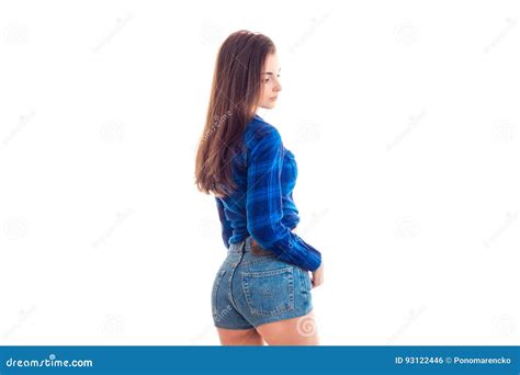 Sexy Brunette In Den Kurzen Kurzen Hosen Und Im Hemd Stockfoto Bild Von Br Nette Mode