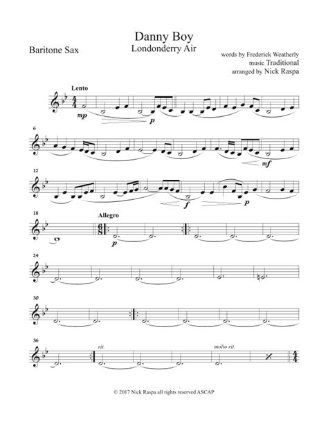 Danny Boy For Saxophone Quintet Baritone Sax Part Arr Nick Raspa