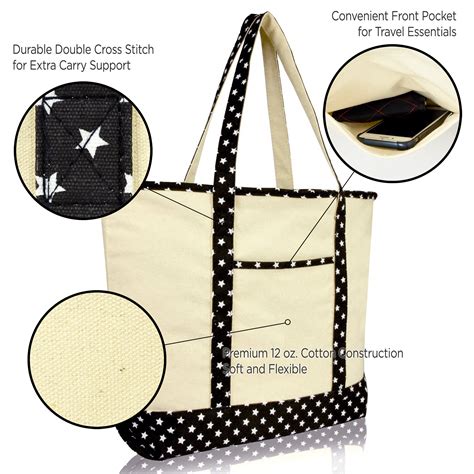 Dalix 22 Black Star Shopping Tote Bag With Zippered Top And Long Handles