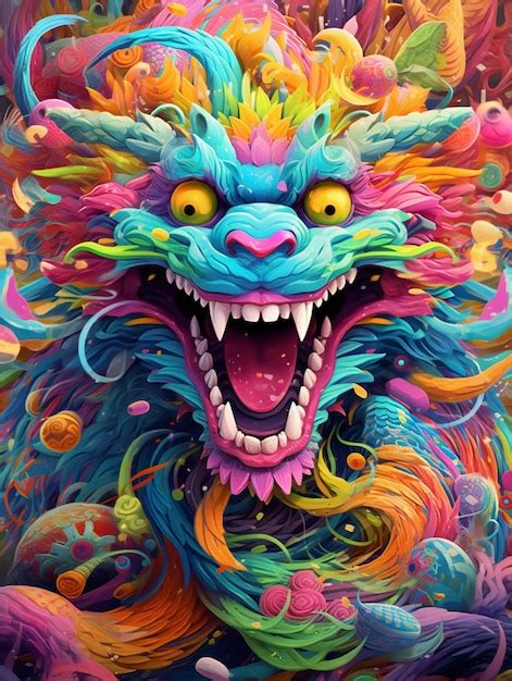 Premium AI Image | A colorful dragon with a pink nose and a yellow eye ...