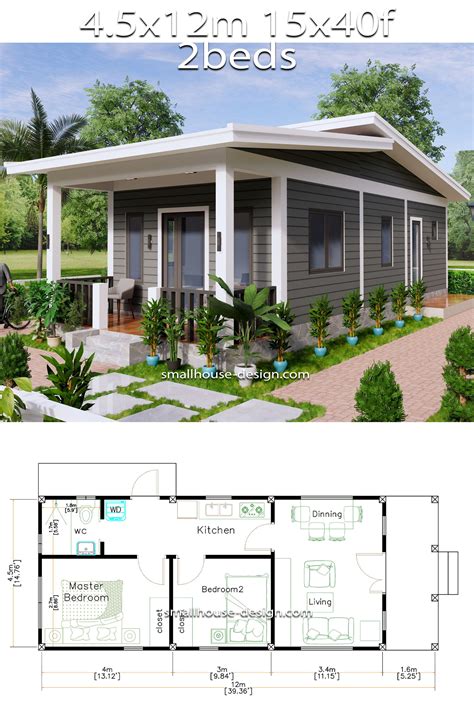 15x40 Small House Design 2 Bedrooms Shed Roof Full Detailing Plan