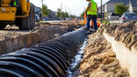 Construction Worker Installing Large Drain Pipe in Trench Stock Illustration - Illustration of ...