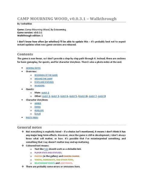 Camp Mourning Wood Walkthrough 1 V0 0 3 1 Pdf