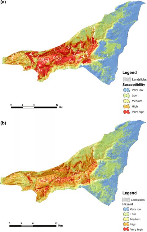 Landslide susceptibility map and b landslide hazard map | Download ...