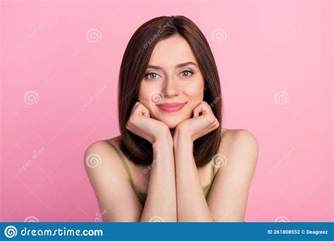 Photo Of Optimistic Brunette Lady Hands Face Wear Khaki Top Isolated On