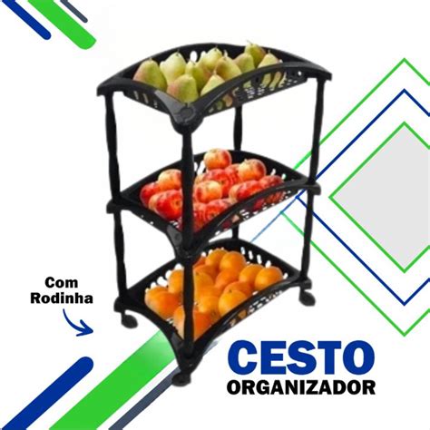 Organizador Vertical Triplo Fruteira Preto 3 Andares Cestos