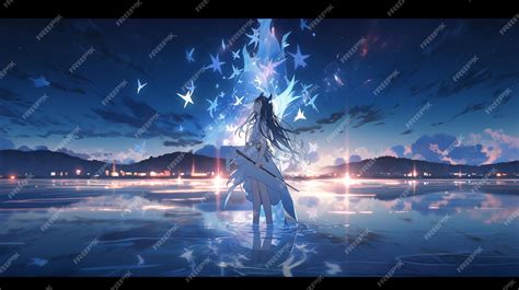 Premium Ai Image Anime Girl Standing In Water With Stars In The Sky